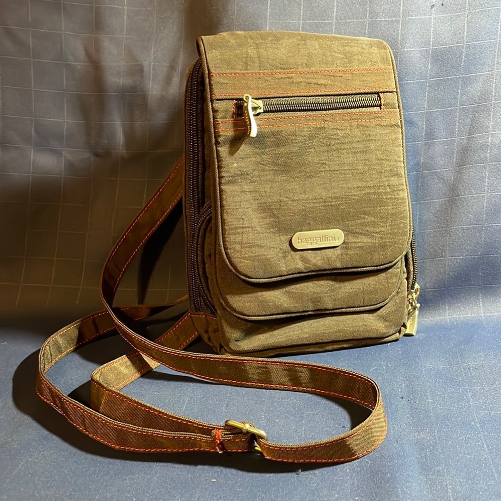 Baggallini brown crossbody travel bag w/ orange lining & lots of pockets!